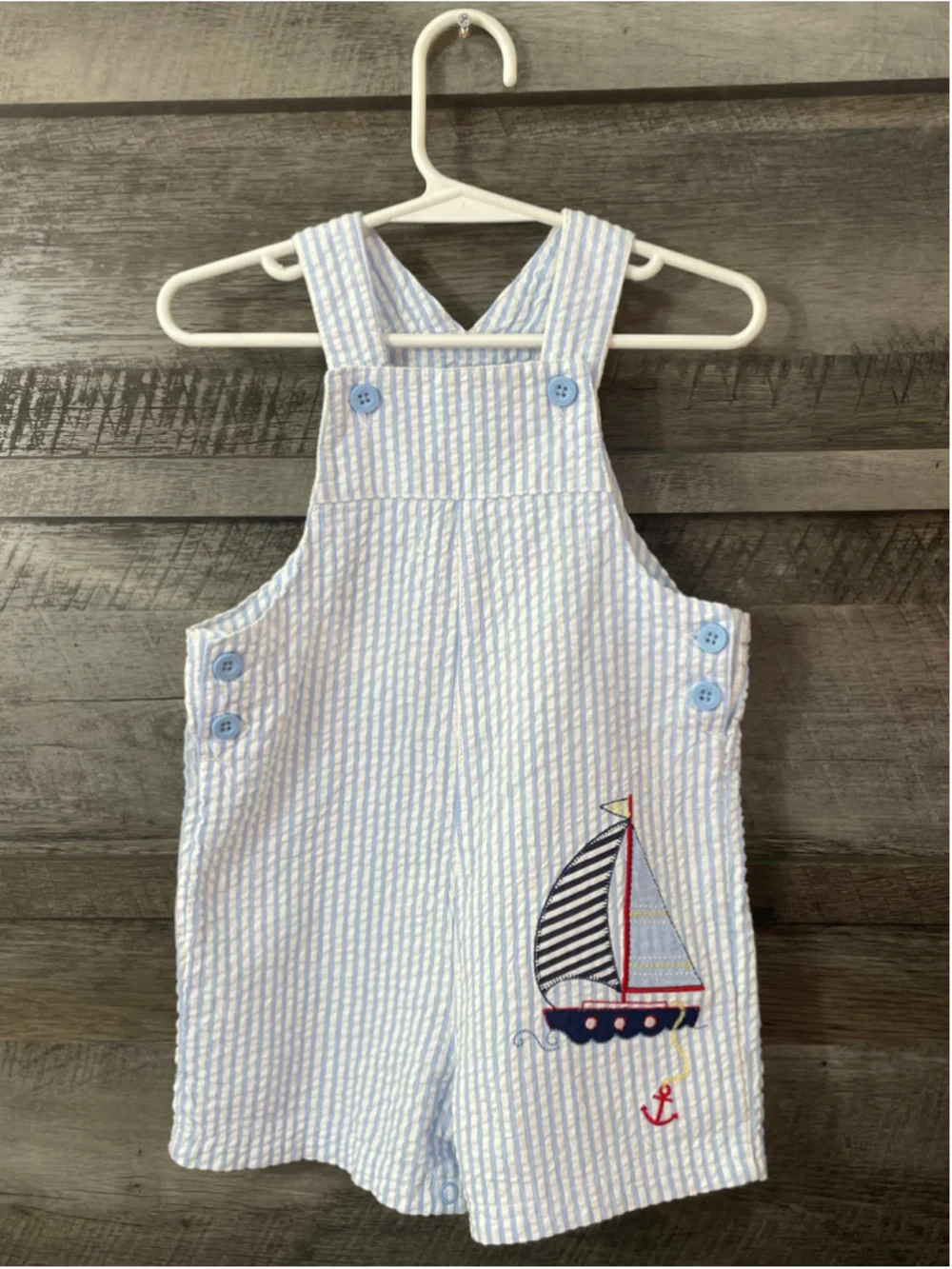 Boys 24 Months Sailboat Nautical Embroidered Seersucker Blue White 24 Months